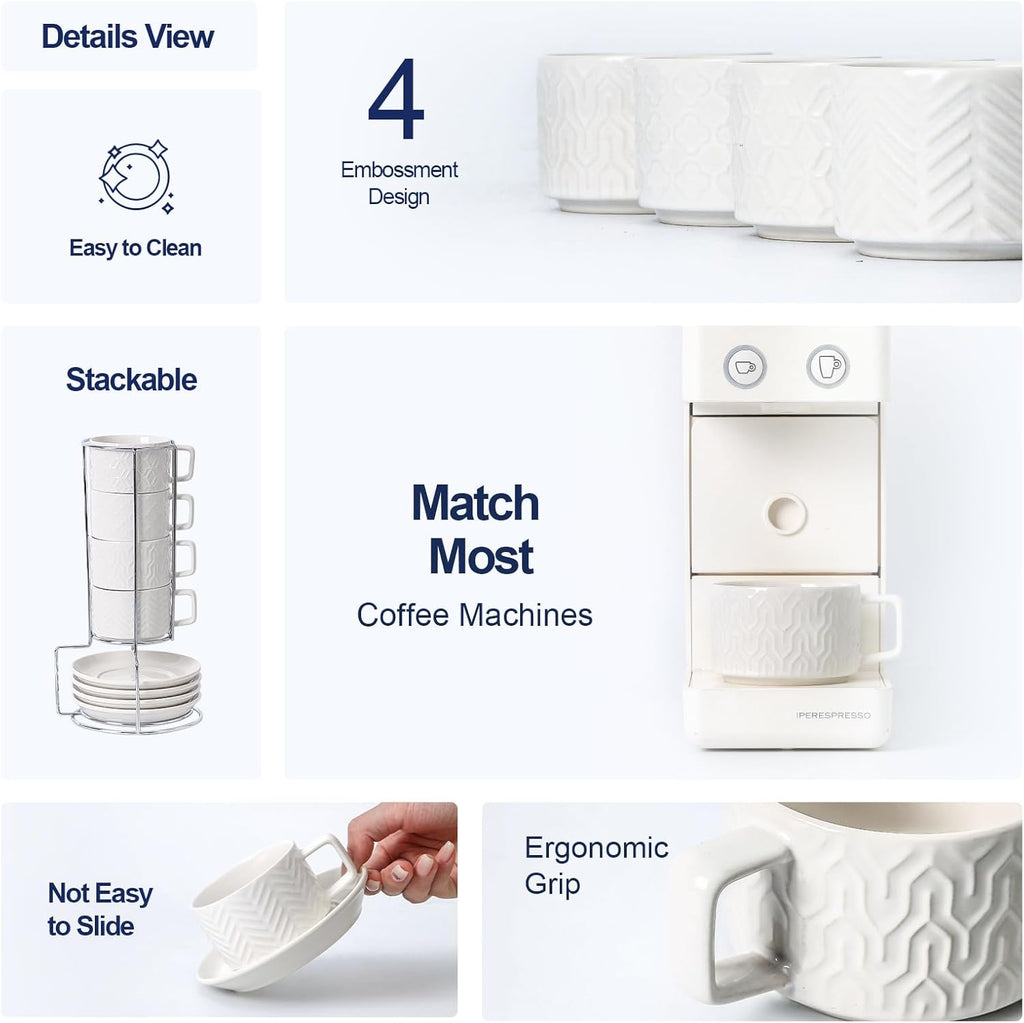 Sureasy Ceramic Espresso Cups Set of 4 – 4 oz White Embossed Cappuccino Cups with Saucers and Metal Stand, Stackable Mugs for Latte, Mocha, Tea, and Specialty Coffee