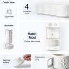 Sureasy Ceramic Espresso Cups Set of 4 – 4 oz White Embossed Cappuccino Cups with Saucers and Metal Stand, Stackable Mugs for Latte, Mocha, Tea, and Specialty Coffee