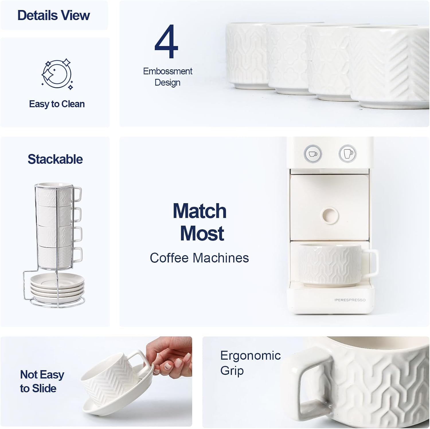 Sureasy Ceramic Espresso Cups Set of 4 – 4 oz White Embossed Cappuccino Cups with Saucers and Metal Stand, Stackable Mugs for Latte, Mocha, Tea, and Specialty Coffee