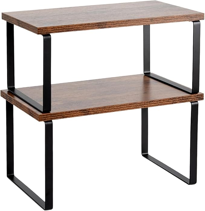 Cabinet Organizer Shelf, Set of 2 Expandable Kitchen Countertop Shelves with Spice Rack - Stackable Storage in Metal and Wood15.7 inches (Brown)