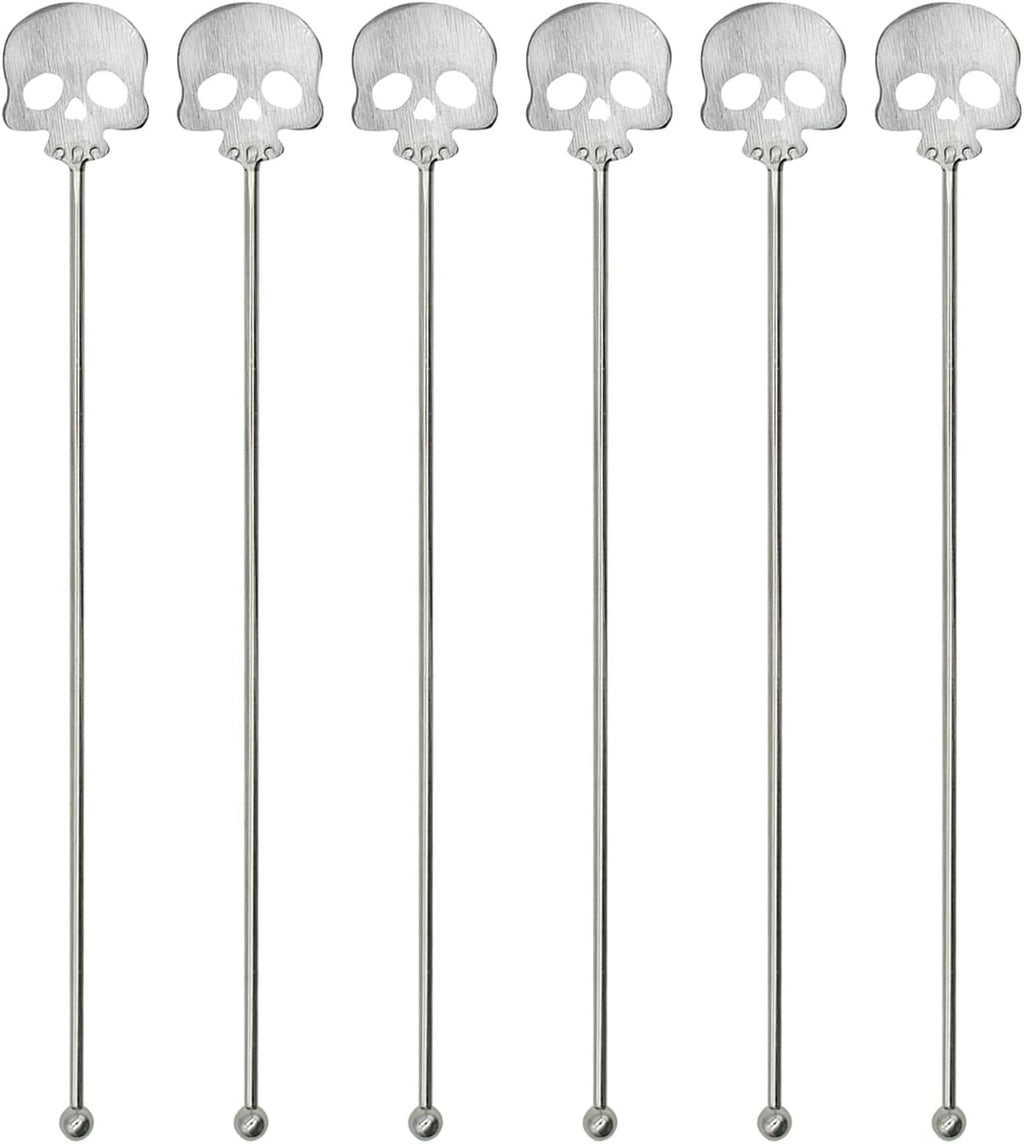 6Pcs Skull Swizzle Sticks 8.7inch Coffee Stirrers Reuseable 18/10(304) Stainless Steel Beverage Cocktail Stirrer for Bar Halloween Party Mixing Drinks