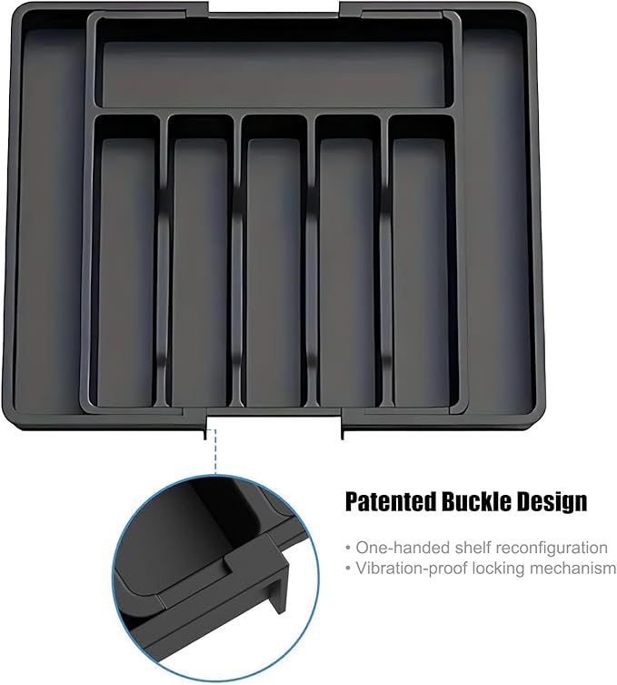 Silverware Drawer Organizer, Expandable Utensil Tray Adjustable from 13-22.4" Wide, BPA-Free Plastic Cutlery Holder with 8 Compartments, Black
