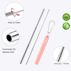 2 Pack Reusable Metal Straws Collapsible Stainless Steel Drinking Straw Travel Portable Telescopic Straw with Case for Cruise Ship Essentials Black/Rose Gold