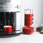 Sweejar Porcelain Espresso Cups with Saucers, 4 Ounce Stackable Cappuccino Cups with Metal Stand for Coffee Drinks, Latte, Tea - Set of 4 (Red)
