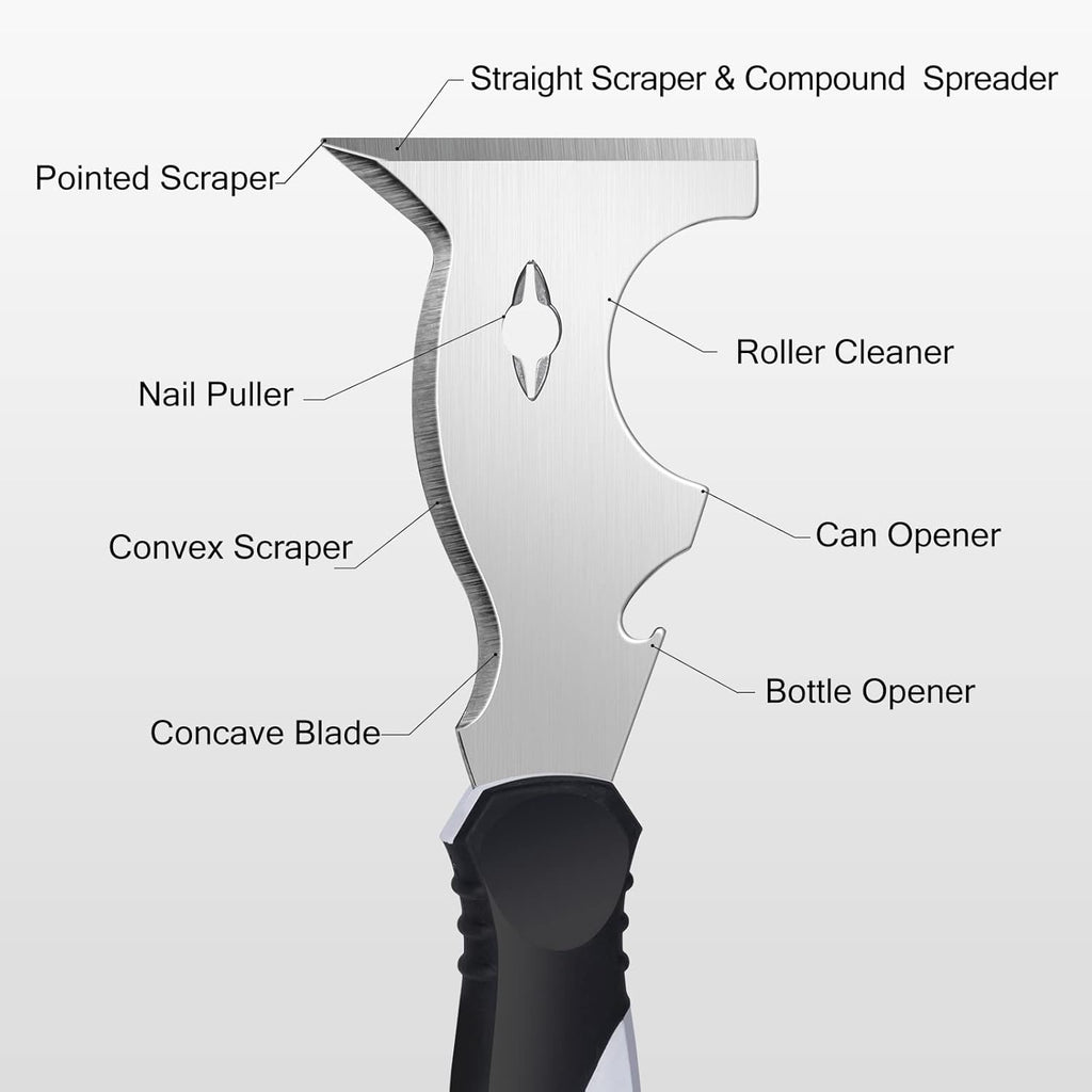Mister Rui 2 Pack 10 in 1 Putty Knife - Multi Use Painters Tool, Taping Knife, Paint & Metal Scraper with Hammer End, Razor Blade Spackle Tool