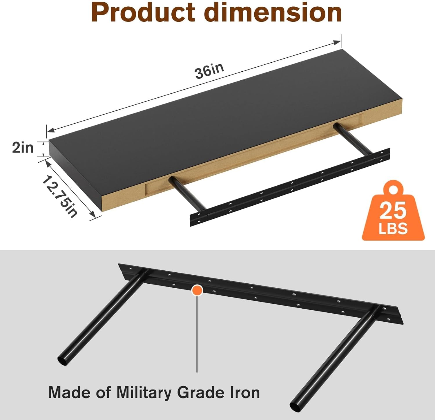 Floating Shelf, Set of 1 Wall Shelf, 36 in W x 12.75 in D x 2 in H Wooden Floating Wall Shelf with Invisible Brackets for Living Room/Bedroom/Bathroom/Kitchen Storage and Decor, Black