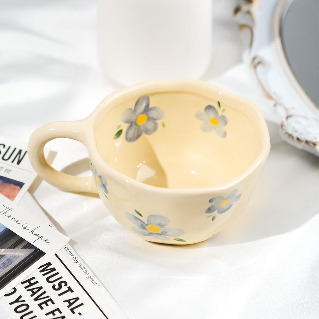 Ceramic Coffee Mug Vintage Flower Mugs 8 oz Cute Floral Coffee Mugs Irregular Latte Art Cup Lead-free Porcelain Cups for Cappuccino, Cocoa (Blue Flowers)