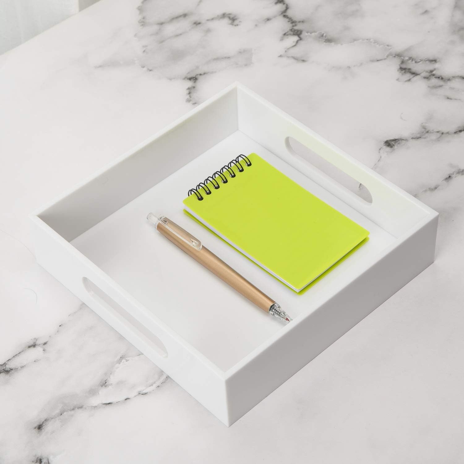 White Sturdy Acrylic Tray with Handles-8x8 Inch- Countertop Organizer Tray for Kitchen,Bathroom,Office- Storage Box for Cosmetics, Jewelry,Toiletries,Toy,Gadgets