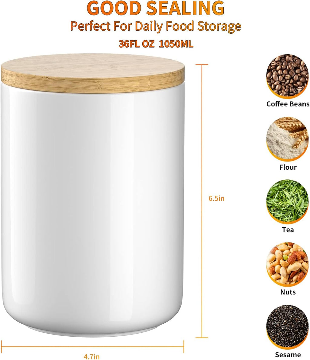 White Ceramic 1050mL 4 cup Food Storage Jar Canister with Airtight Bamboo Lid and Silicone Seal Container for Counter - Great for Coffee Sugar Treat Snack Treats for Dog Cat Rawhide Milkbone (White)