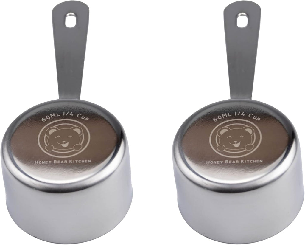 Honey Bear Kitchen 1/4 Cup 60 ml Leave-in Measuring Scoop Cups v2, Polished Stainless Steel (Set of 2)