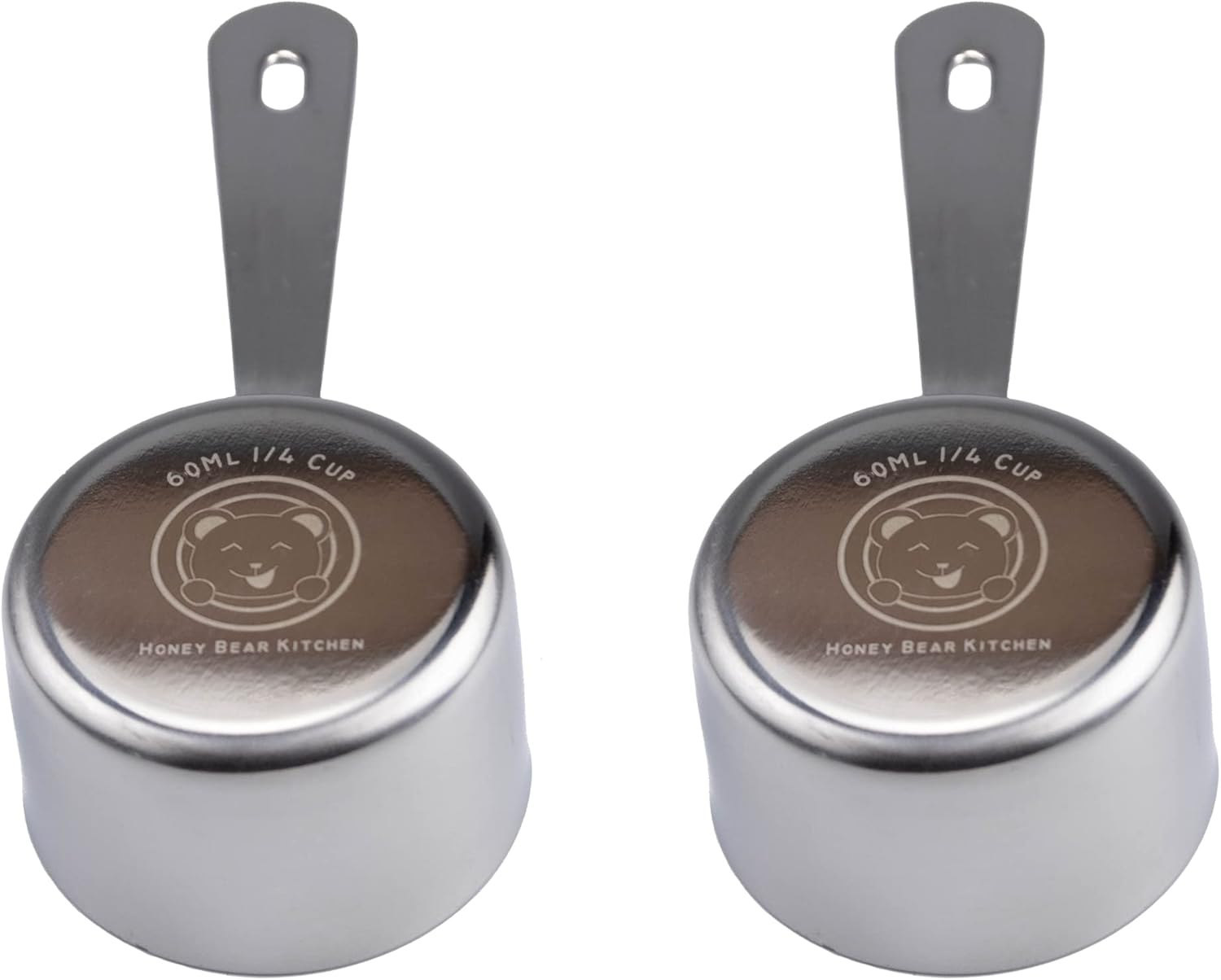 Honey Bear Kitchen 1/4 Cup 60 ml Leave-in Measuring Scoop Cups v2, Polished Stainless Steel (Set of 2)