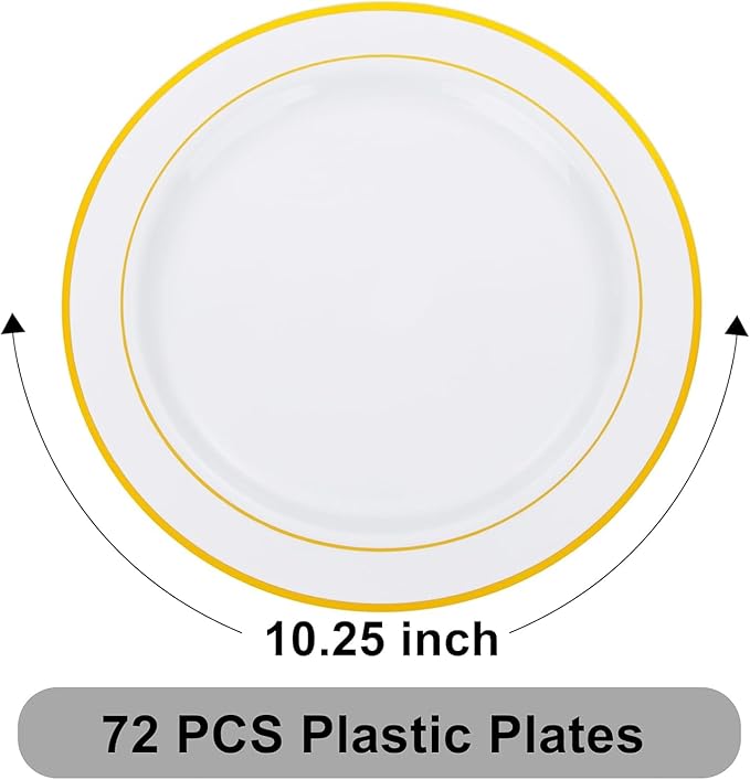 WELLIFE 72PCS Gold Plastic Plate, 10.25Inch Disposable Dinner Plate Party with Gold Rim, Heavy Duty Disposable Plastic Plates for Party, Wedding, Birthday and Christmas