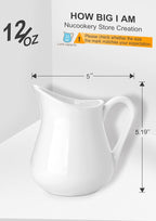 Nucookery 12 Oz Ceramic Creamer with Handle, White Coffee Milk Pitcher, Porcelain Creamer Container Holder For Sauces Salad Coffee Milk, Microwave & Freezer Safe (12-Ounce, Set/1)