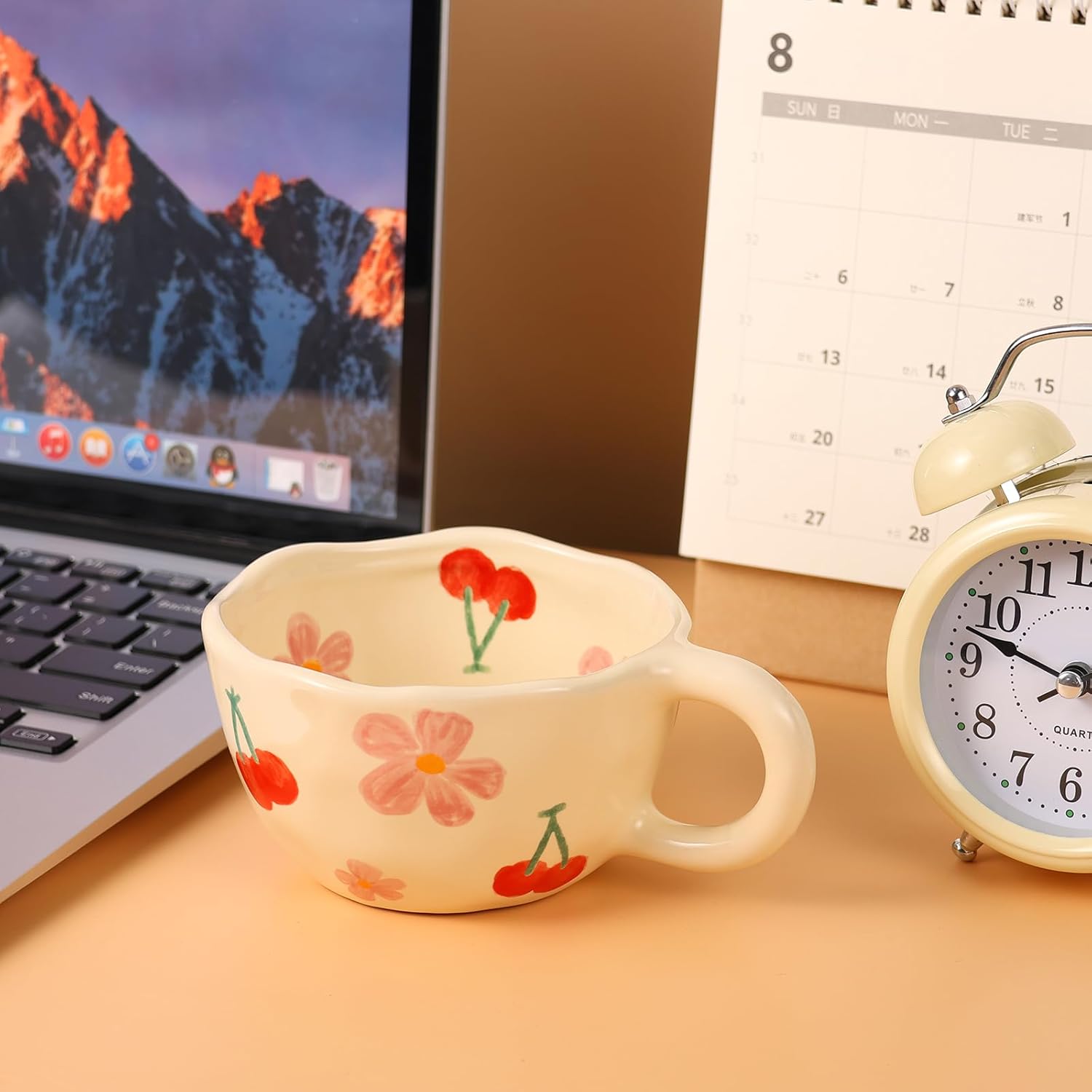 Ceramic Coffee Mug Vintage Flower Mugs 8 oz Cute Floral Coffee Mugs Irregular Latte Art Cup Lead-free Porcelain Cups for Cappuccino, Cocoa (Pink Cherry)