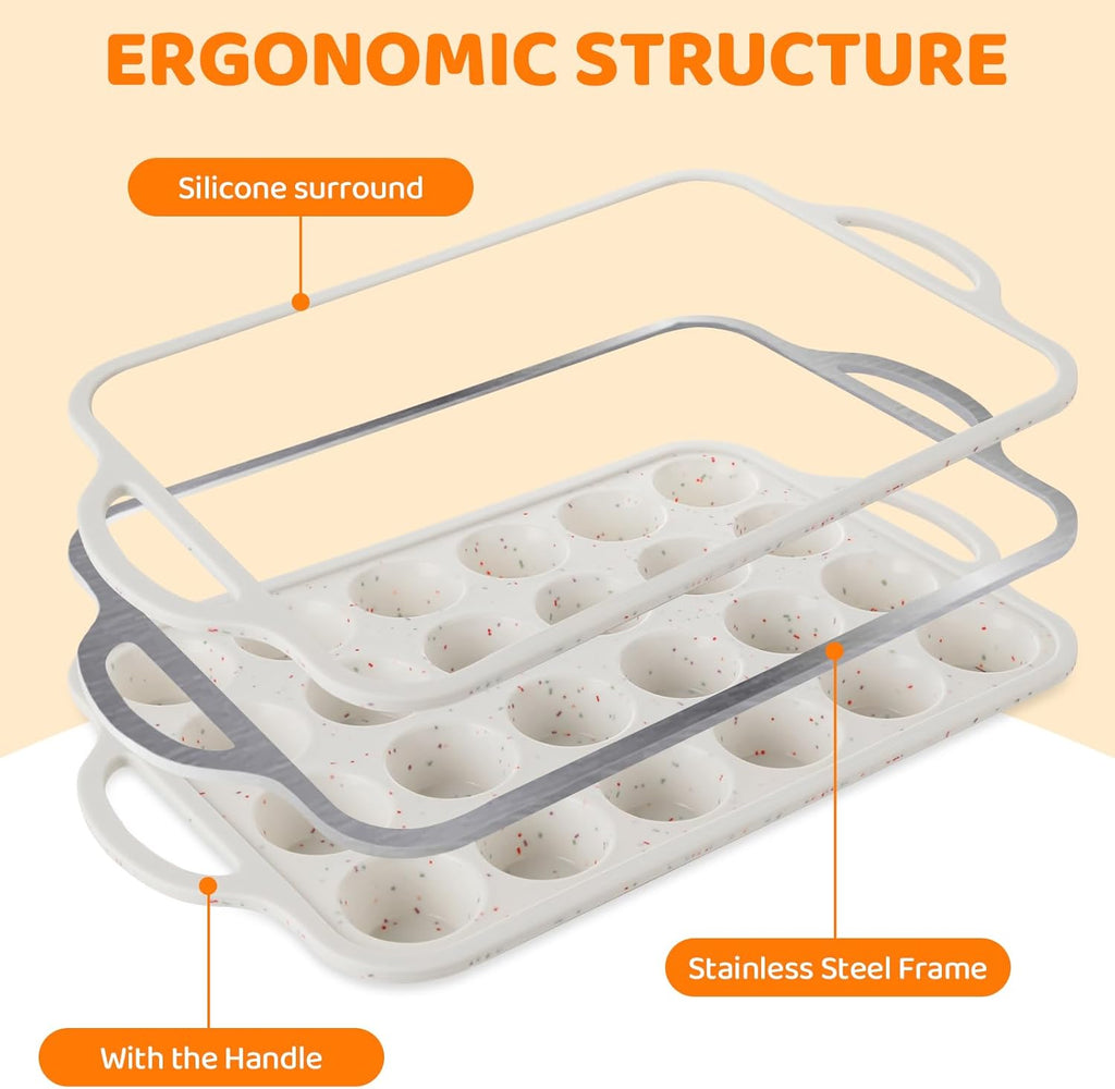 3 Pack Silicone Muffin Pan for Baking 24 Cup Mini Silicone Cupcake Pan with Metal Reinforced Frame, Nonstick Baking Cups BPA Free Silicone Cupcake Molds for Oven Dishwasher Safe, Cream