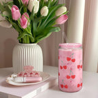 Cherry 16 Oz Can Glass Tumbler with Acrylic Lid and Straw - Iced Coffee Cups for Women, Aesthetic Glass Cup Gift for Birthday Christmas