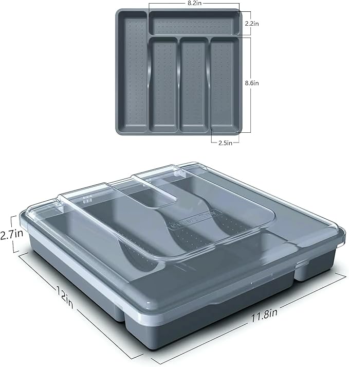 Silverware Organizer with Cover, Portable Cutlery Holder Flatware Tray with Lid Plastic Silverware Storage Box (Dark Gray)