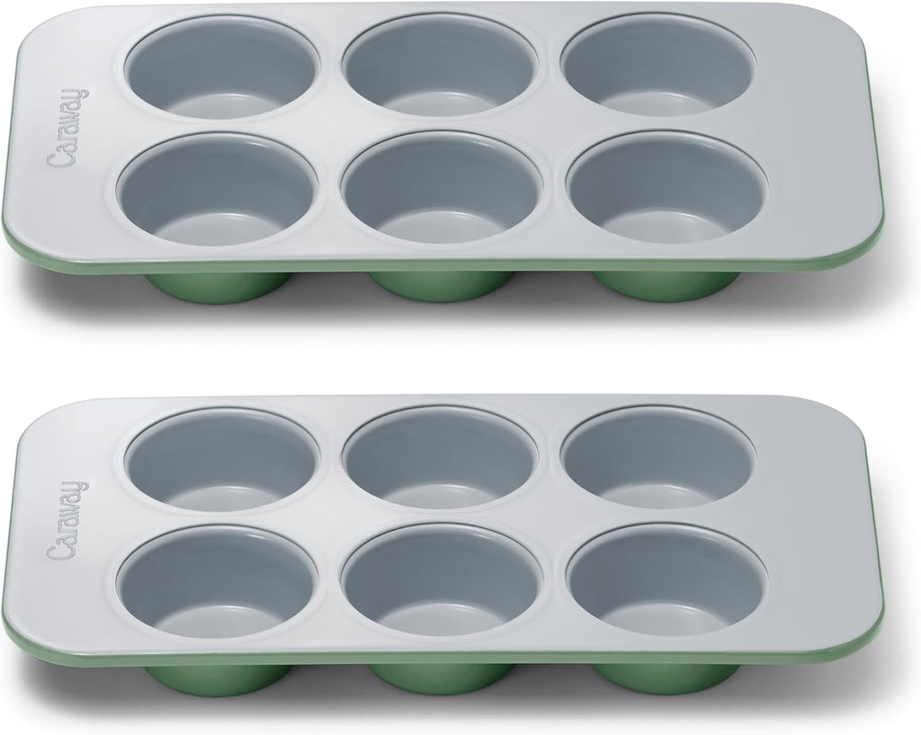 Caraway Nonstick Ceramic 6 Cup Muffin Pan Duo – Non-Toxic, PTFE & PFOA Free – Oven Safe – Aluminized Steel Core – Small Muffin Pan for Baking Cupcakes, Muffins & More - Sage