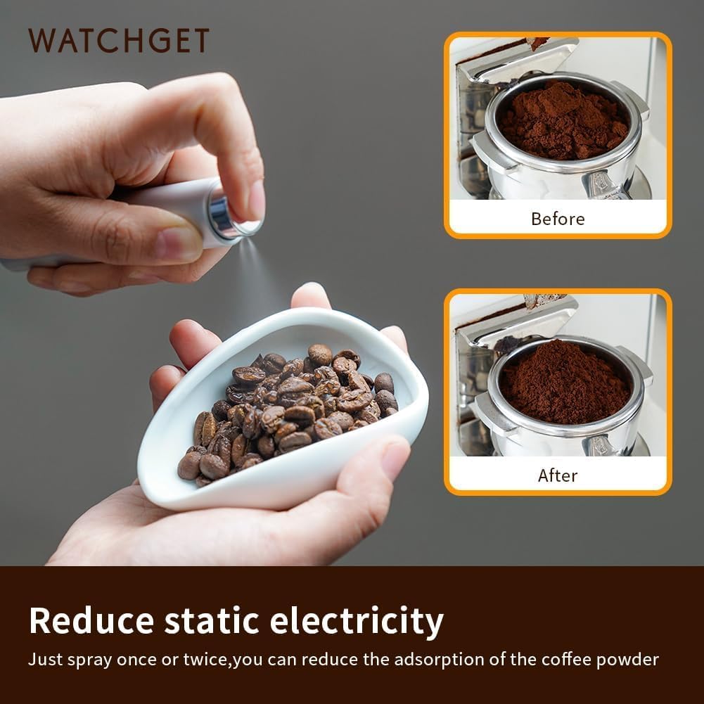 watchget Coffee Bean Dosing Cup & Static Reduction Spray Bottle Kit for Espresso Bar, Ceramic Single Dose Tray for Brewing/Tea, Barista Accessories Set, White
