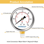 Glycerin Filled Pool Filter Pressure Gauge 60psi/4bar, Stainless Steel Case, Brass Inside Construction, 2-1/2" dial, 1/4" NPT Lower Connection Pre-Wrapped with Teflon Tape