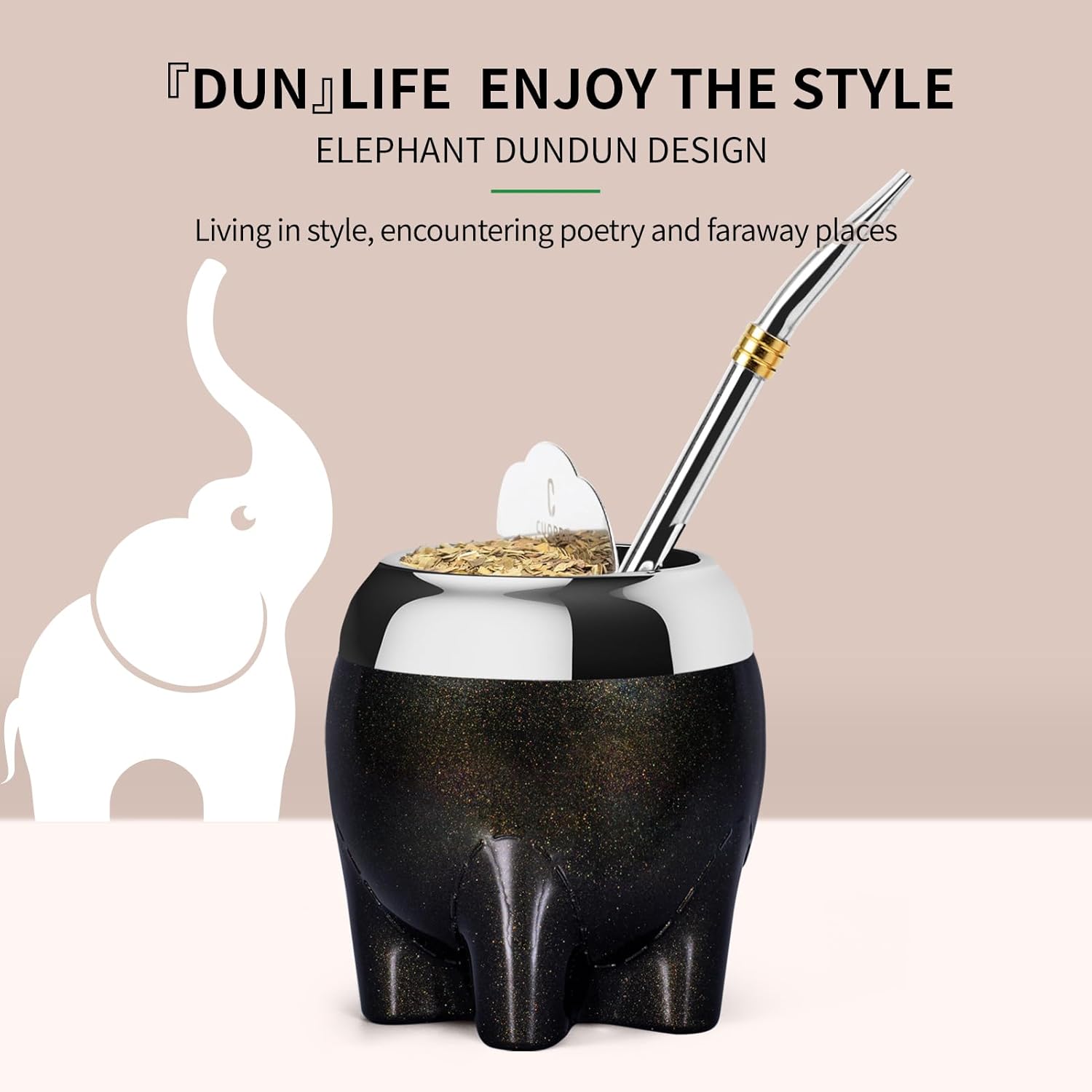 Premium Yerba Mate Cup 5 in 1 Set, Including Stainless Steel Gourd (Glitter Stars, Cute Elephant Style) Bombilla Straw, and Tea Shaper Set, 5.4oz, Gift for Women Drinking Coffee Tea Water