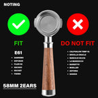 58mm Espresso Double Spouts Portafilter with 2 Ear | Fits E61 | Flair/Rocket/Sanremo/Expobar etc. | Stainless Steel Basket and Walnut Handle | Espresso Accessories