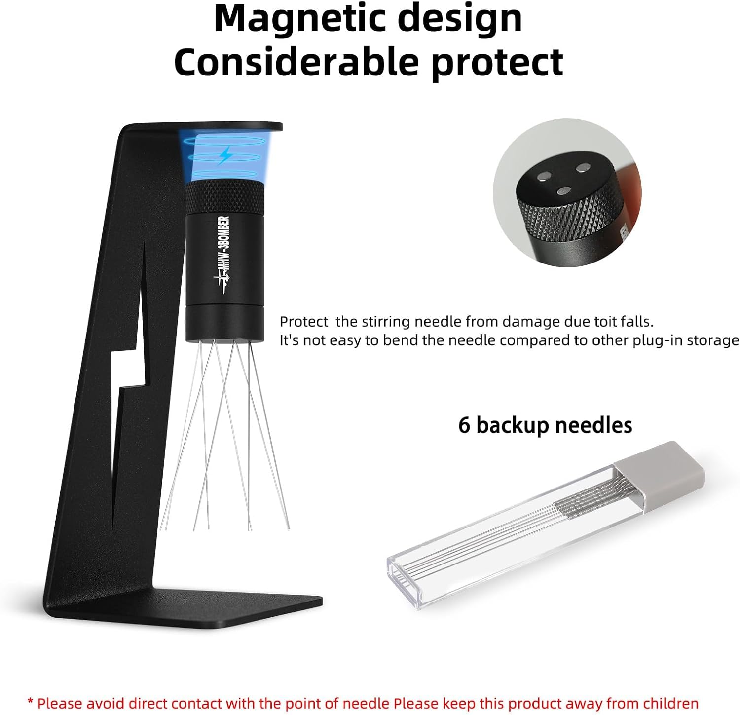 MHW-3BOMBER WDT Tool Espresso Distribution Tool with Magnetic Stand for Barista, Adjustable Range Coffee Needle Stirrer, 304 Stainless Steel 8 Needles 0.4mm with 6 Extra Needles, Black, T6126-OS