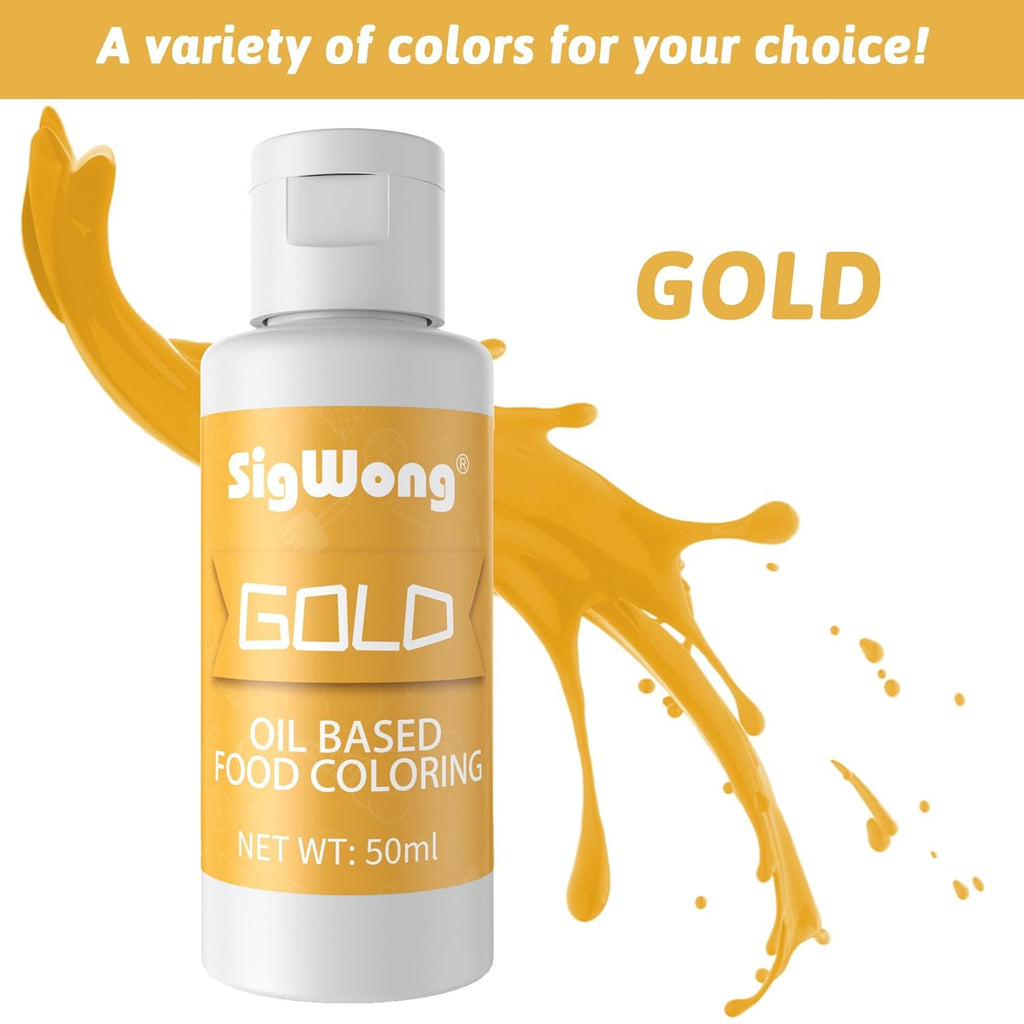 Oil Based Food Coloring for Chocolate - 50ml Gold Upgraded Edible Oil Based Food Dye for Cake Decorating, Baking, Candy Melts, Cookie, Icing Frosting, Fondant, Meringues - 1.69 Fl.Oz Bottles