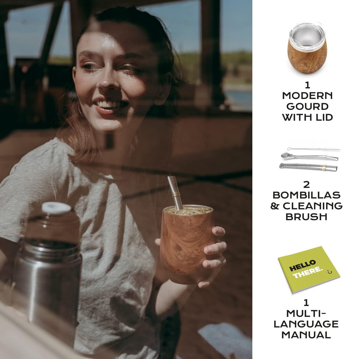 BALIBETOV Premium Stainless Steel Yerba Mate Gourd Set, 5 Pcs Including 12 oz Gourd with Lid, 2 Bombillas, Cleaning Brush | BPA Free, Insulated