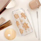 Gingerbread Christmas 16oz Can Glass Tumbler with Bamboo Lid & Straw - Iced Coffee Cup for Women Girls, Aesthetic Cups Gifts for Xmas