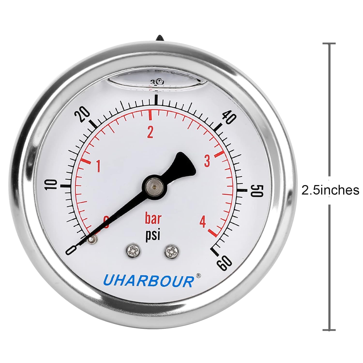 Glycerin Filled Low Pressure Gauge 60psi/4bar, Stainless Steel case, Brass Inside Construction, 2-1/2" dial, 1/4" NPT Back Connection…