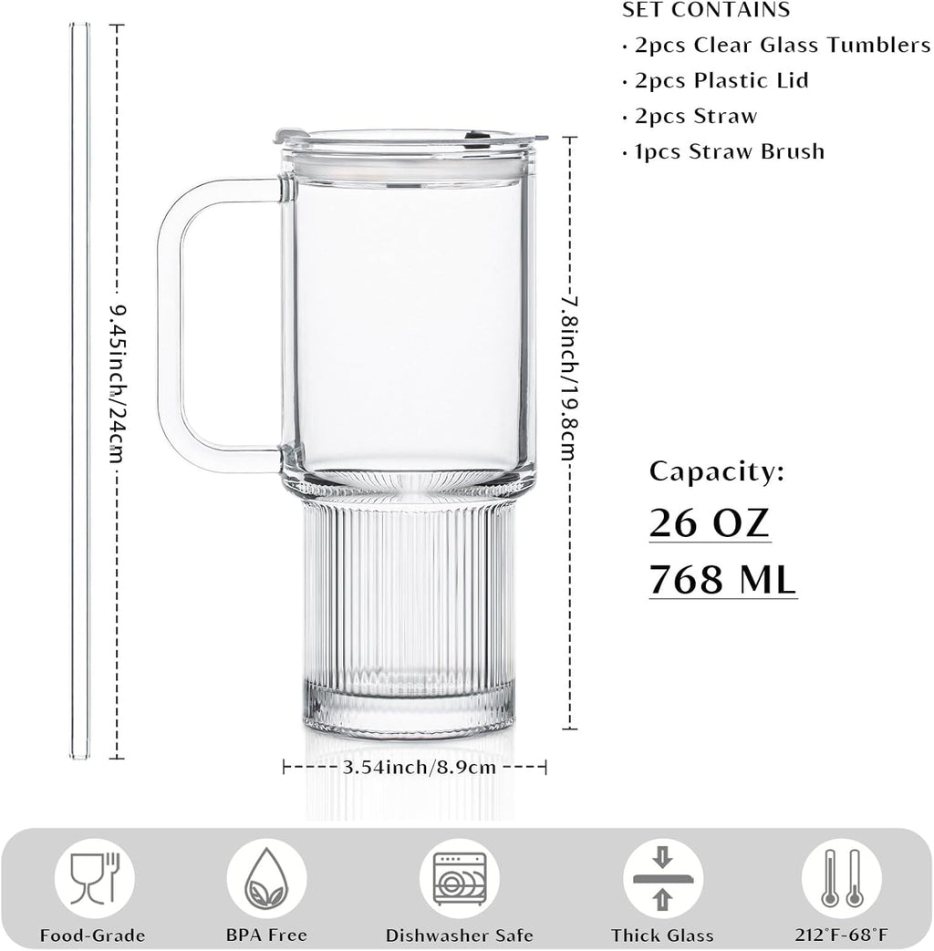INSETLAN 26oz Glass Tumbler with Handle & Lid – 2-Pack Large Iced Coffee Cups with Straws, Modern Glass Mug for Cold & Hot Beverages, Aesthetic Travel Cup for Smoothies, Tea, and Juice