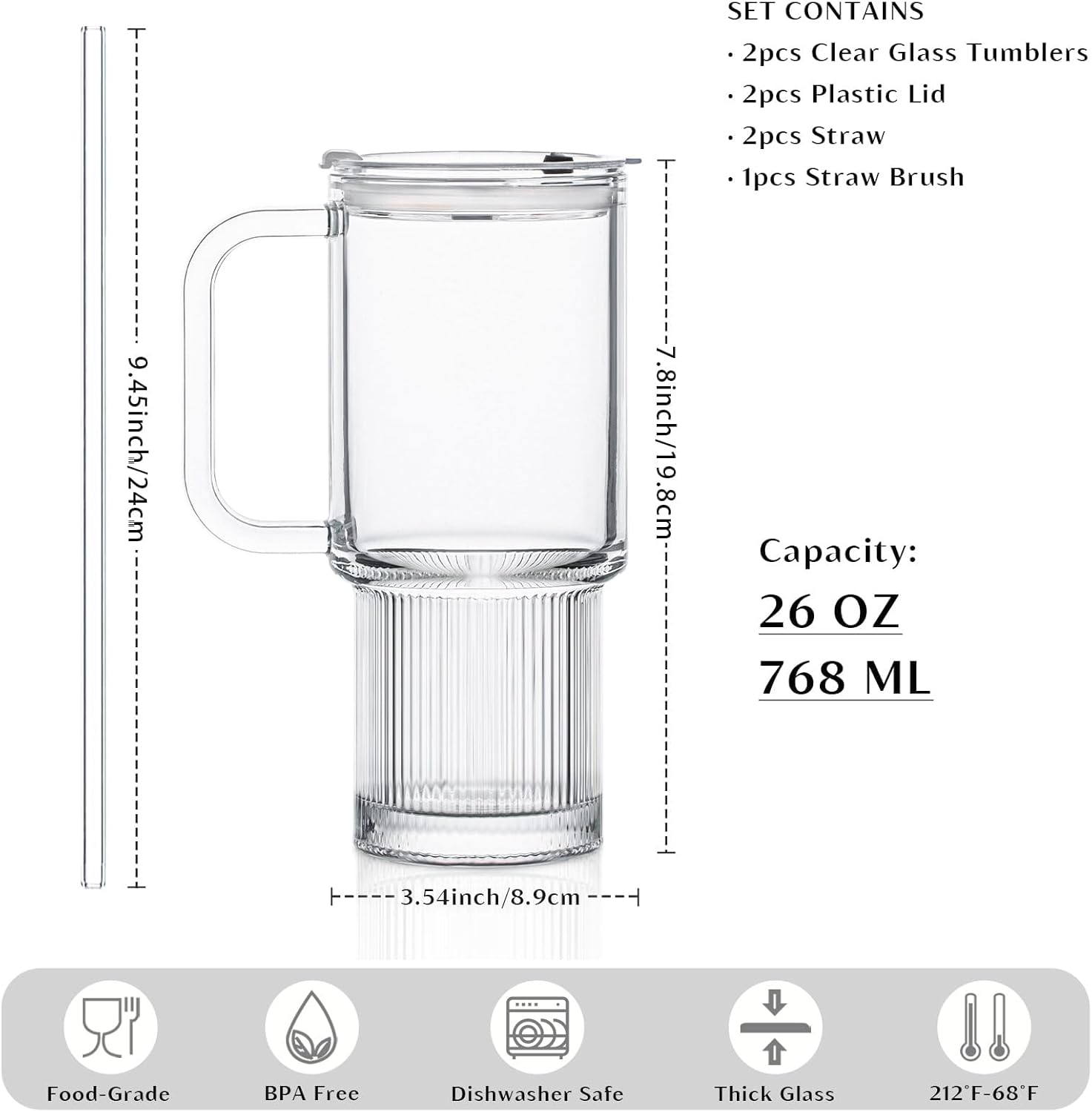 INSETLAN 26oz Glass Tumbler with Handle & Lid – 2-Pack Large Iced Coffee Cups with Straws, Modern Glass Mug for Cold & Hot Beverages, Aesthetic Travel Cup for Smoothies, Tea, and Juice