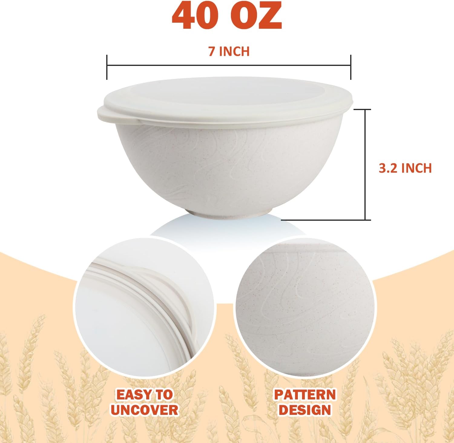 alternative plastic bowl set with lids,unbreakable wheat straw bowls 40oz suitable for indoors and outdoors,overnight foods container with cover. White