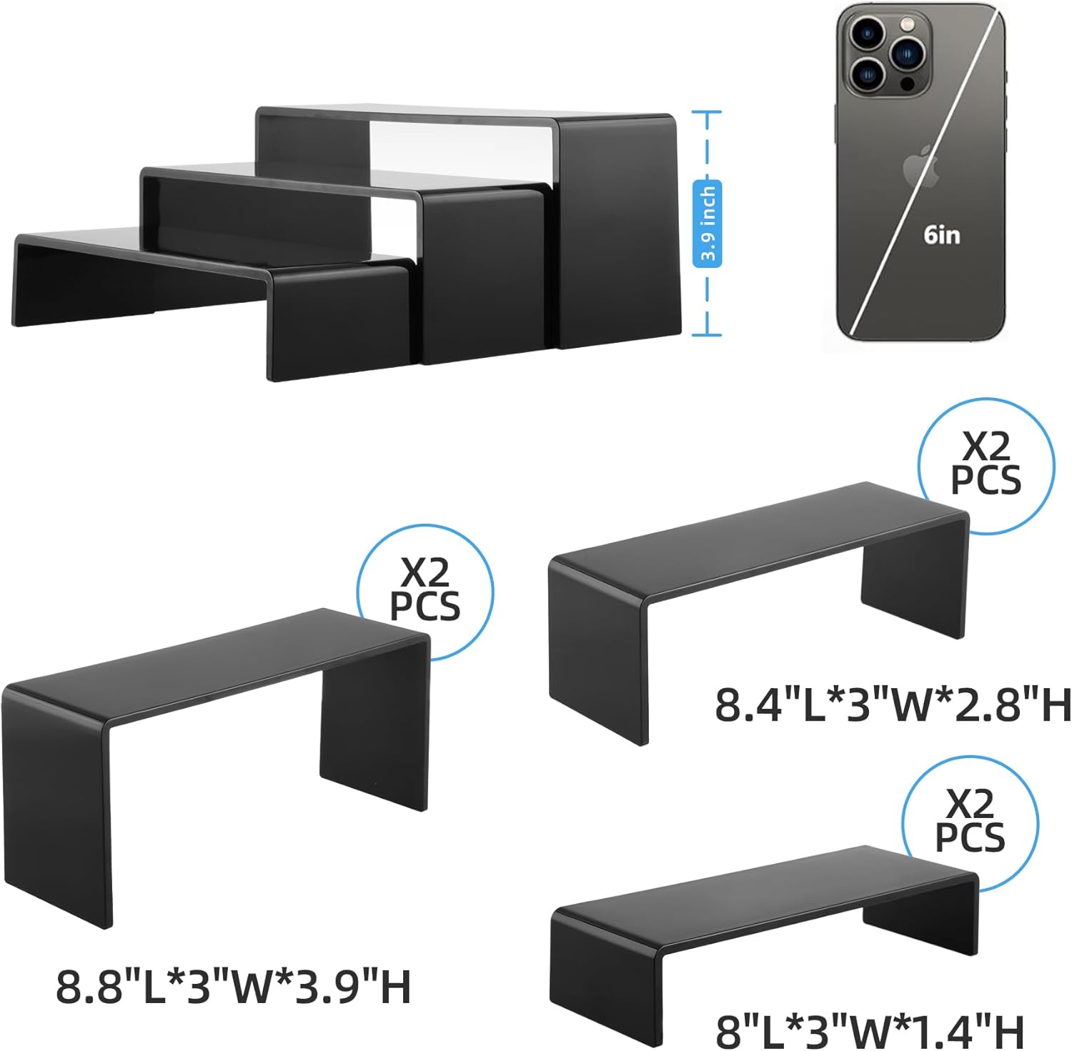 Goabroa Black Acrylic Display Risers, 3 Tiers 2 Set (6 Pcs) Acrylic Shelves Organizer Display Stand, Conutertop Desktop Stands for Decoration and Organizer