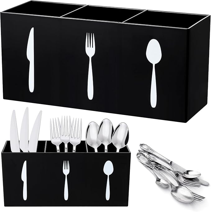 Suzile Acrylic Cutlery Storage Organizer Bin Silverware Caddy Countertop Knife Spoon and Fork Holder Kitchen 3 Section Tableware Storage Box for Cabinet Indoor Home Flatware Dining Room (Black,M)