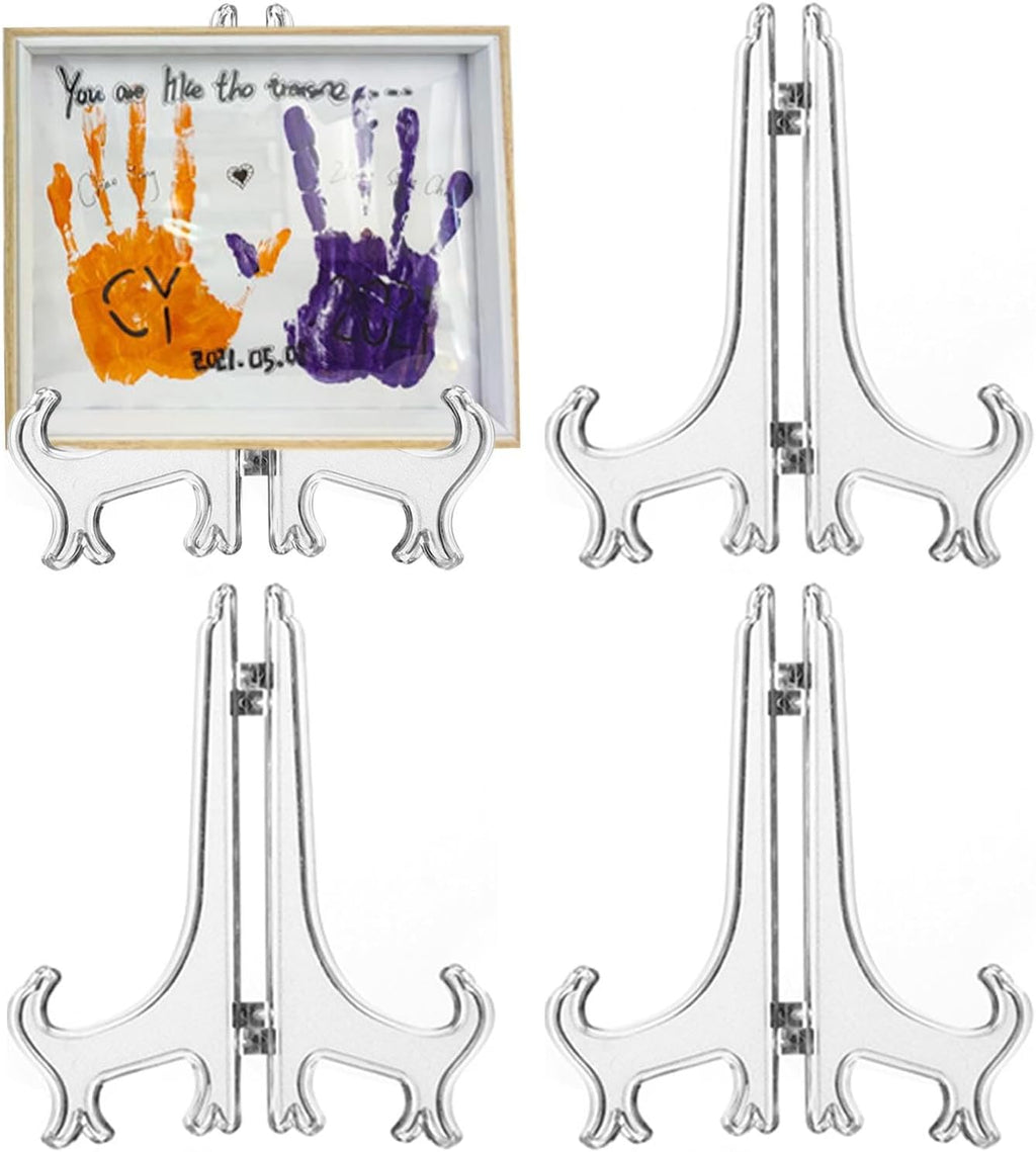4 Pack 12 Inch Clear Plastic Easels or Stand/Plate Holders to Display Pictures or Other Items at Weddings, Plate Stands for Home Decoration, Birthday, Tables
