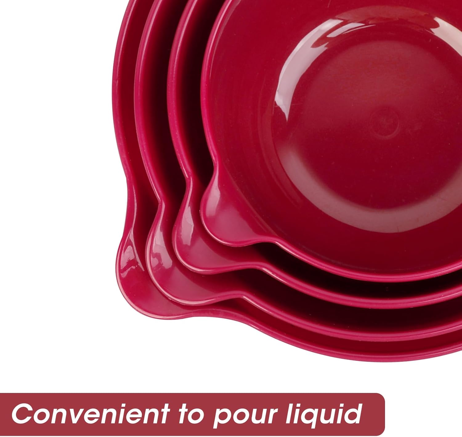 BoxedHome 4 Pack Nesting Mixing Bowl Set with Pour Spout and Handle, Non-Slip Bottom, BPA free Microwave & Dishwasher Safe(Deep Carmine)