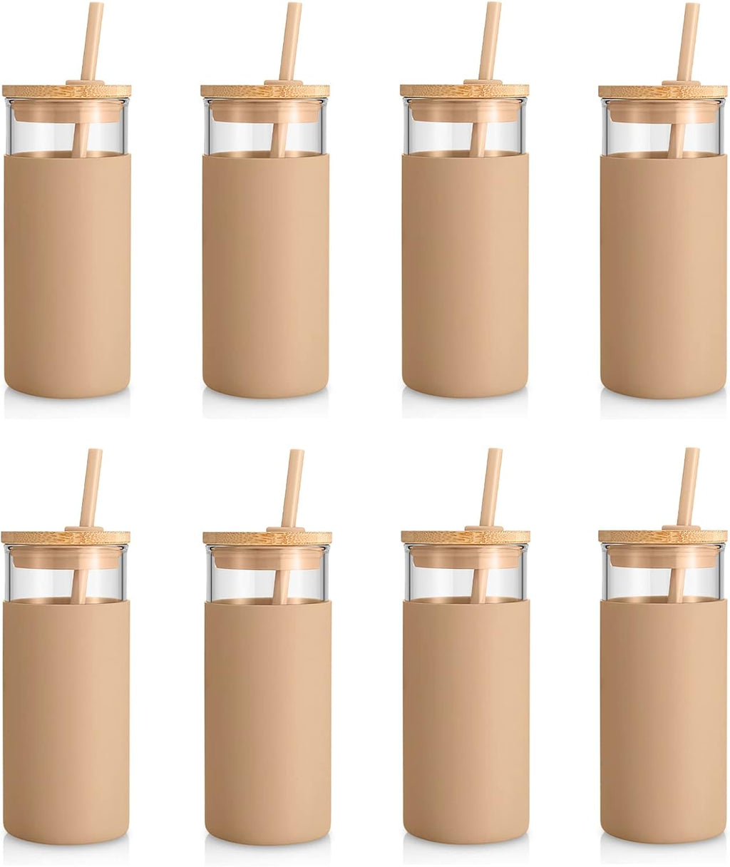 Tronco 20 oz Glass Tumbler Glass Water Bottle Straw Silicone Protective Sleeve Bamboo Lid - BPA Free - Amber/ 8 Pack