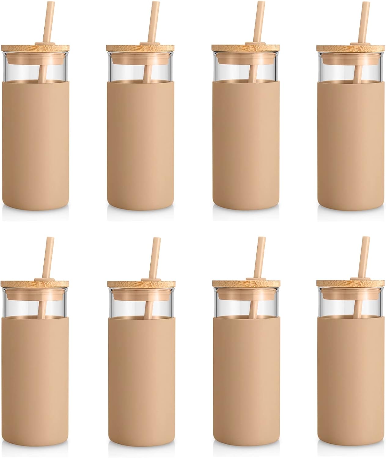 Tronco 20 oz Glass Tumbler Glass Water Bottle Straw Silicone Protective Sleeve Bamboo Lid - BPA Free - Amber/ 8 Pack