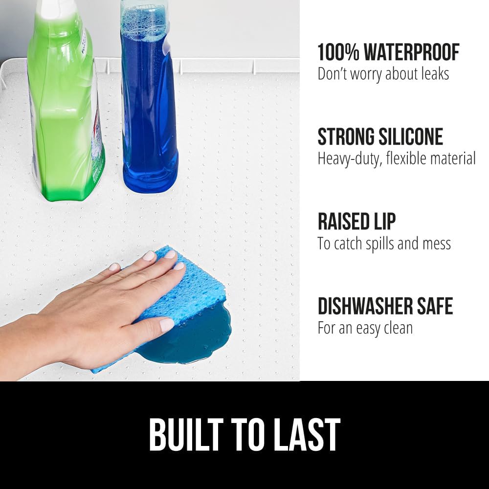GORILLA GRIP Waterproof Silicone Under Sink Mat with Raised Lip for Kitchen and Bathroom, Cabinet Shelf Liner Stay in Place Mats Dishwasher Safe Drawer Liner, Organizer Tray, 19 x 34 in, White