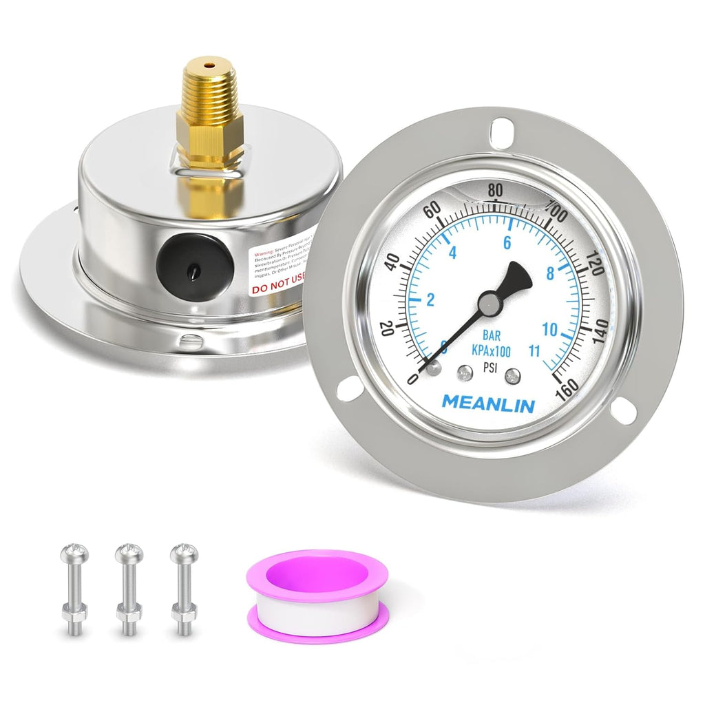 MEANLIN MEASURE 0~160Psi Liquid Filled Pressure Gauge Front Flange Panel Mount, 1/4" NPT 2.5" FACE DIAL Stainless Steel Case with Phillips Screw and Nut, +/-3-2-3%