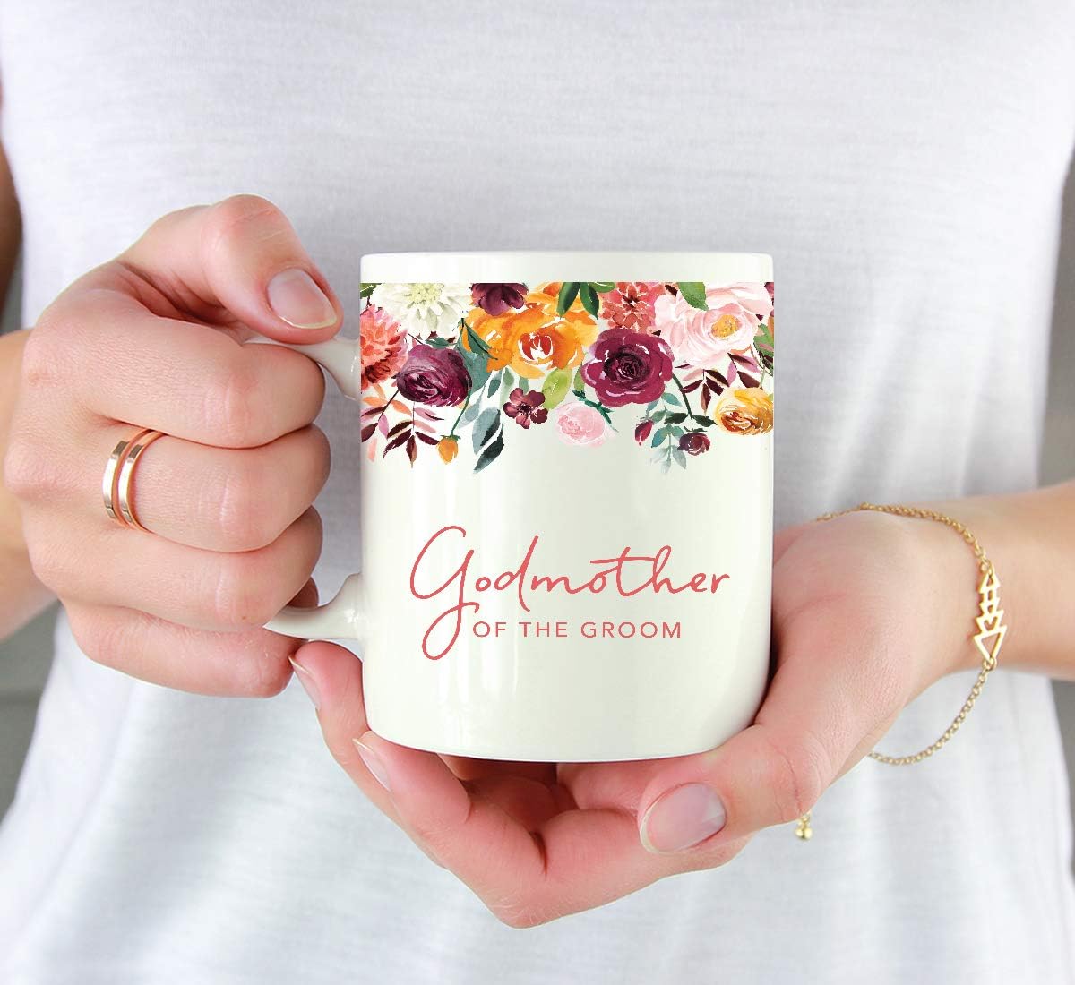 Andaz Press 11oz. Wedding Ceramic Coffee Tea Mug Gift, Fall Autumn Burgundy Orange Peach Flowers Roses Florals, Godmother of the Groom, 1-Pack, Includes Gift Box