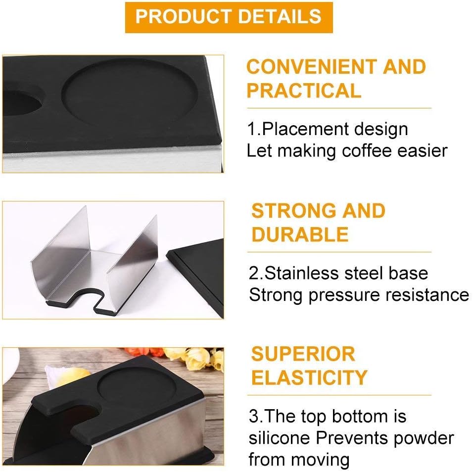 Yosoo Stainless Steel Coffee Tamper Stand, Coffee Powder Maker Rack Silicone Tamping Mat, Coffee Tampers Tool Accessory, Black