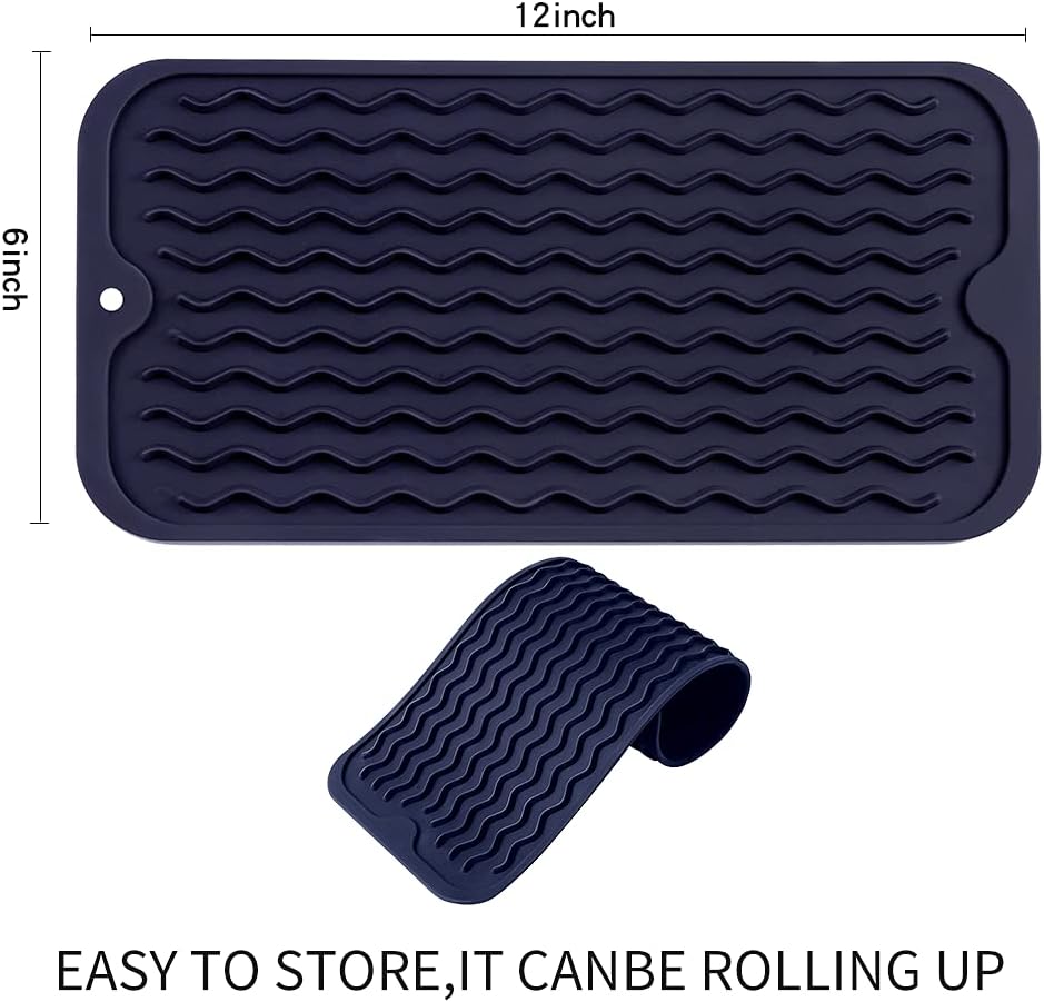 Silicone Dish Drying Mat for Multiple Usage,Easy clean,Eco-friendly,Heat-resistant Silicone Mat for Kitchen Counter or Sink,Refrigerator or Drawer Liner Navy Blue S 12 inches x 6 inches