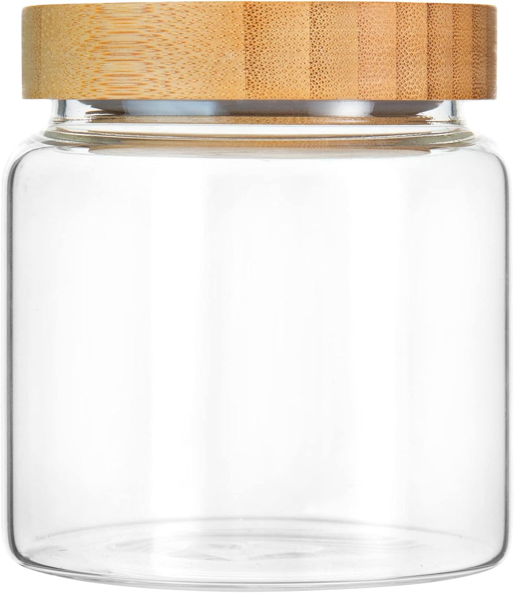 480 ml / 16 oz clear cute glass storage canister holder with airtight bamboo lid, modern decorative small container jar for coffee, spice, candy, salt, cookie, condiment, pepper, sugar
