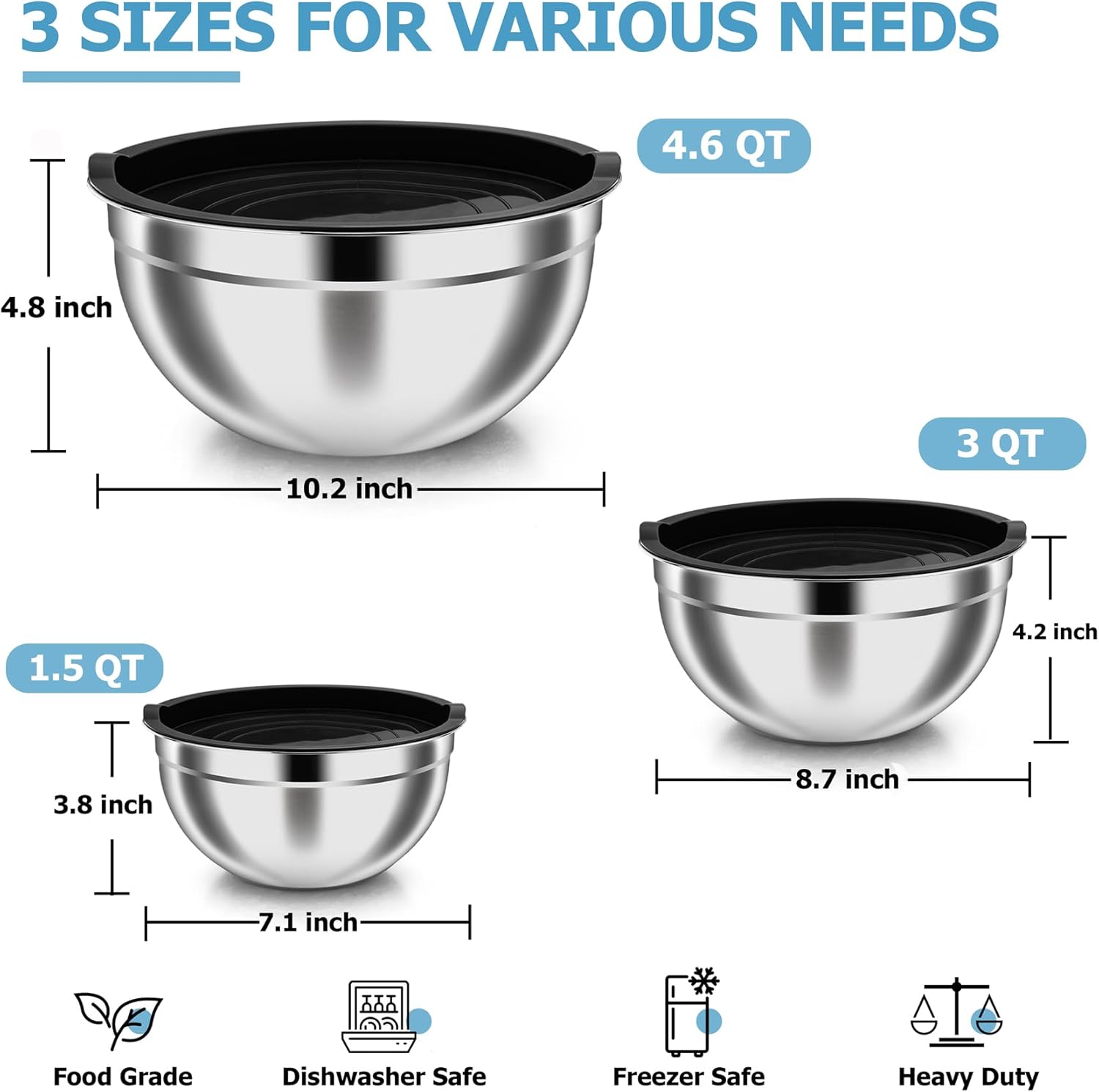 TeamFar Mixing Bowls, 4.6/3 / 1.5 QT, Stainless Steel Nesting Salad Bowls with Airtight Lids Set, For Serving/Mixing/Storing, Healthy & Long-lasting, Dishwasher Safe & Easy Clean, Black