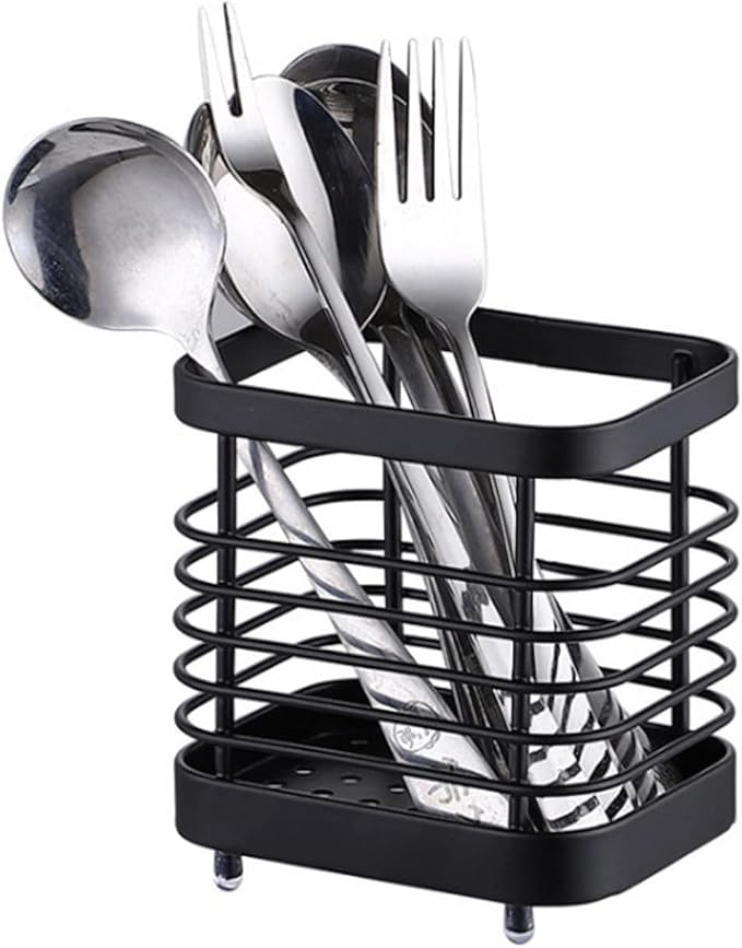 Utensil Holder, Stainless Steel Sink Drying Rack, Silverware Cutlery Flatware Holder, Cutlery Drainer for Utensils, Rust-Proof Kitchen Sink Organizer (Black)