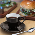 homEdge Porcelain Espresso Shot Cup Set with Saucers and Stainless Steel Spoons - 80 ml / 2.67 oz, Set of 4, Black