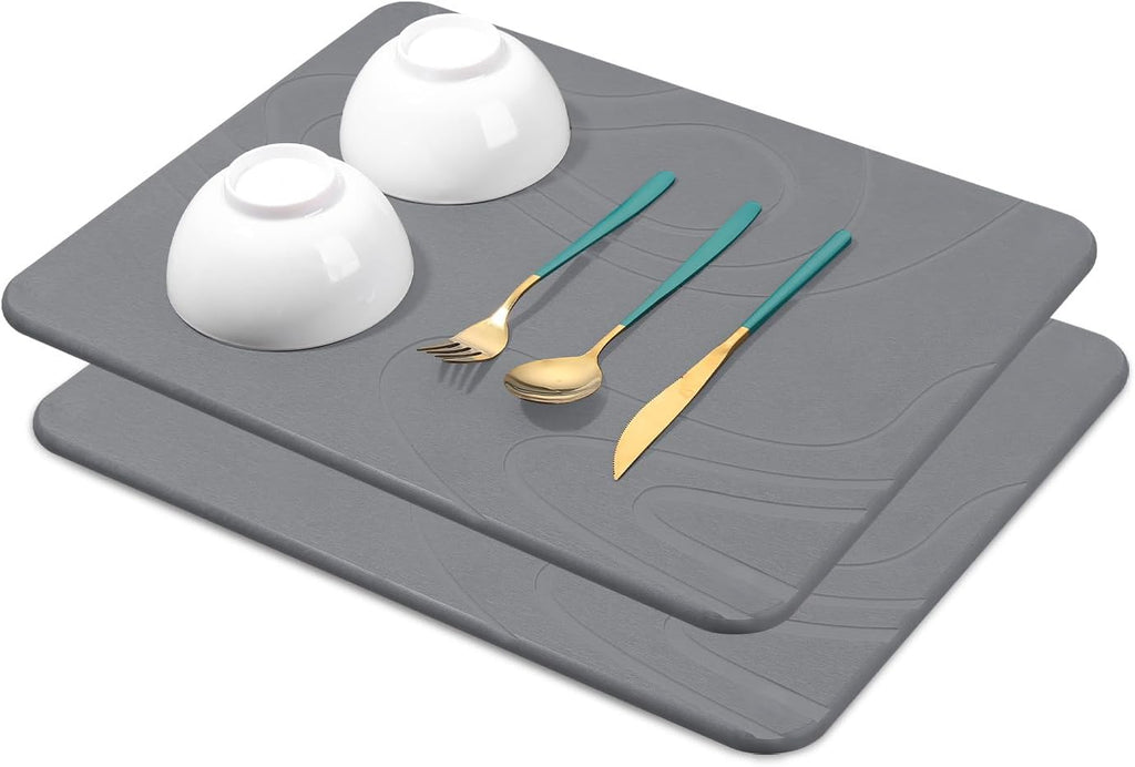 2 Pack Stone Dish Mat for Kitchen Counter, Dirt-Resistant Quick Drying Fast Absorbent Non-Slip Diatomite Mat, Natural Diatomaceous Earth Dish Drying Pad (Dark Grey)